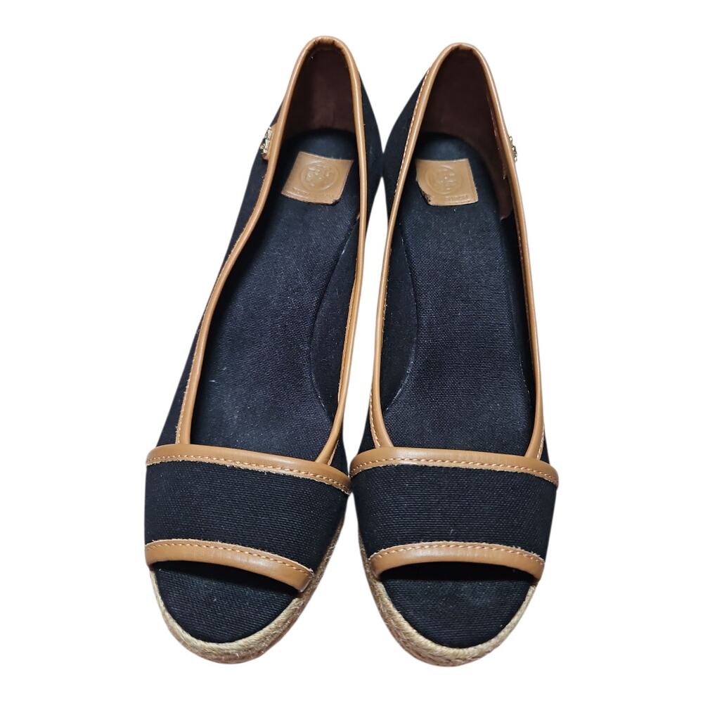 Tory Burch Majorca Espadrille Wedge Women's Size 8 Black Brown Peep Toe EU 38 - Picture 5 of 10